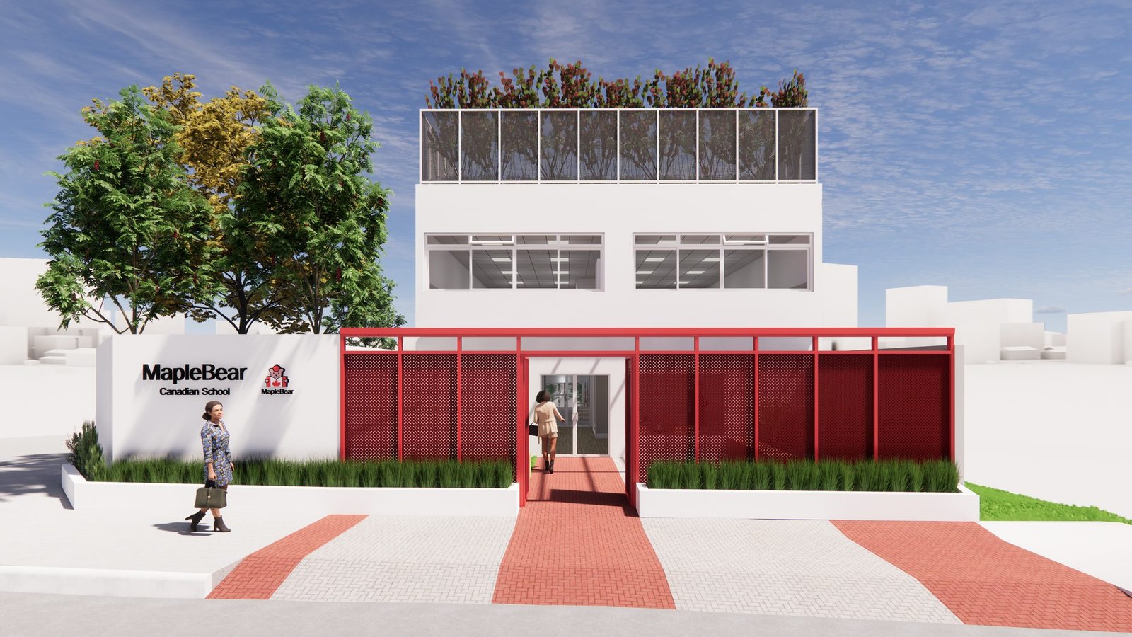 Acesso principal com pórtico vermelho, painéis perfurados e caminho de piso intertravado