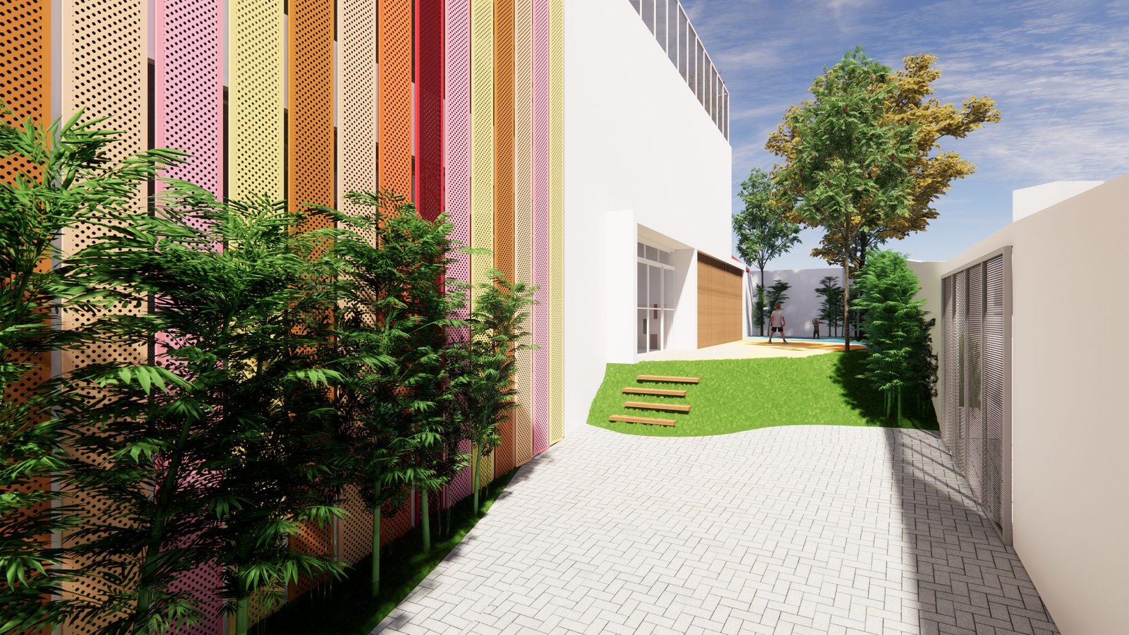Circulação lateral com jardim em talude e degraus que vencem o desnível do terreno