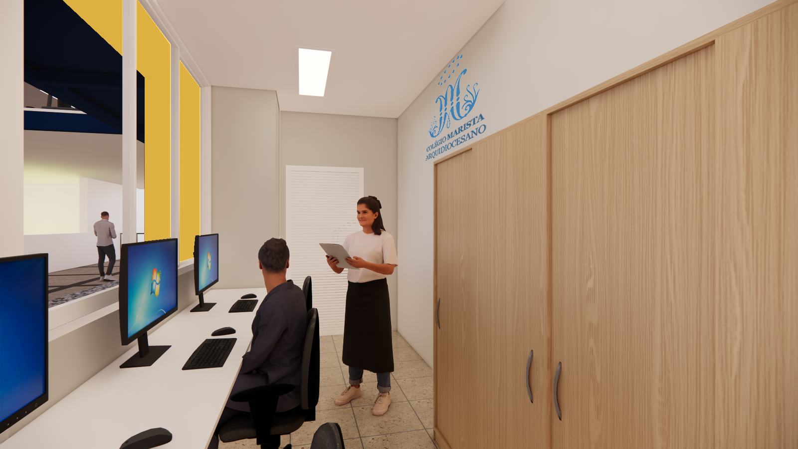 Estudo 3D da área de atendimento com a assinatura do Colégio Marista Arquidiocesano