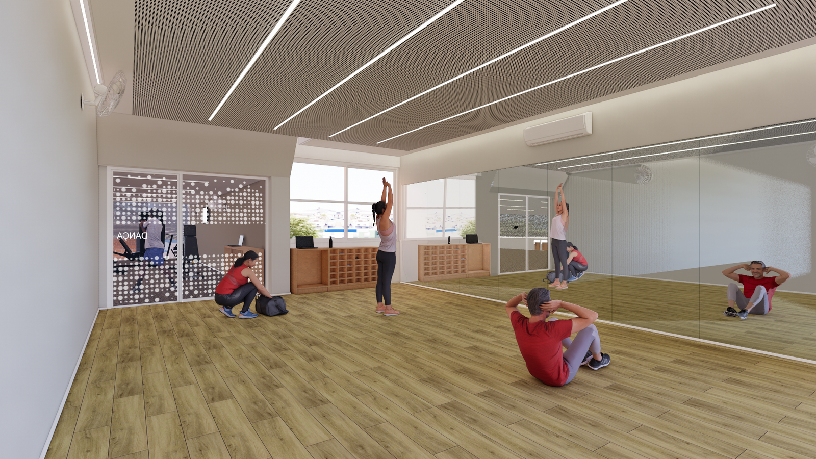 Estudo 3D da sala de dança com piso de madeira, espelho e forro acústico perfurado