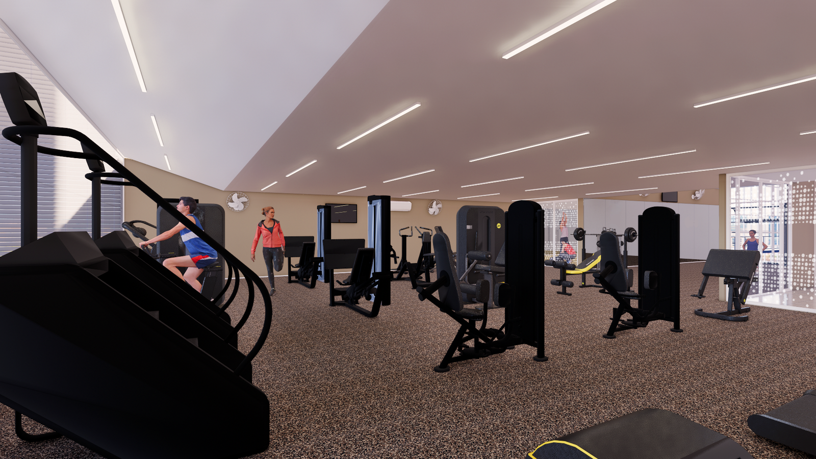 Estudo 3D da sala de musculação, com escada ergométrica, equipamentos e vista para o complexo esportivo
