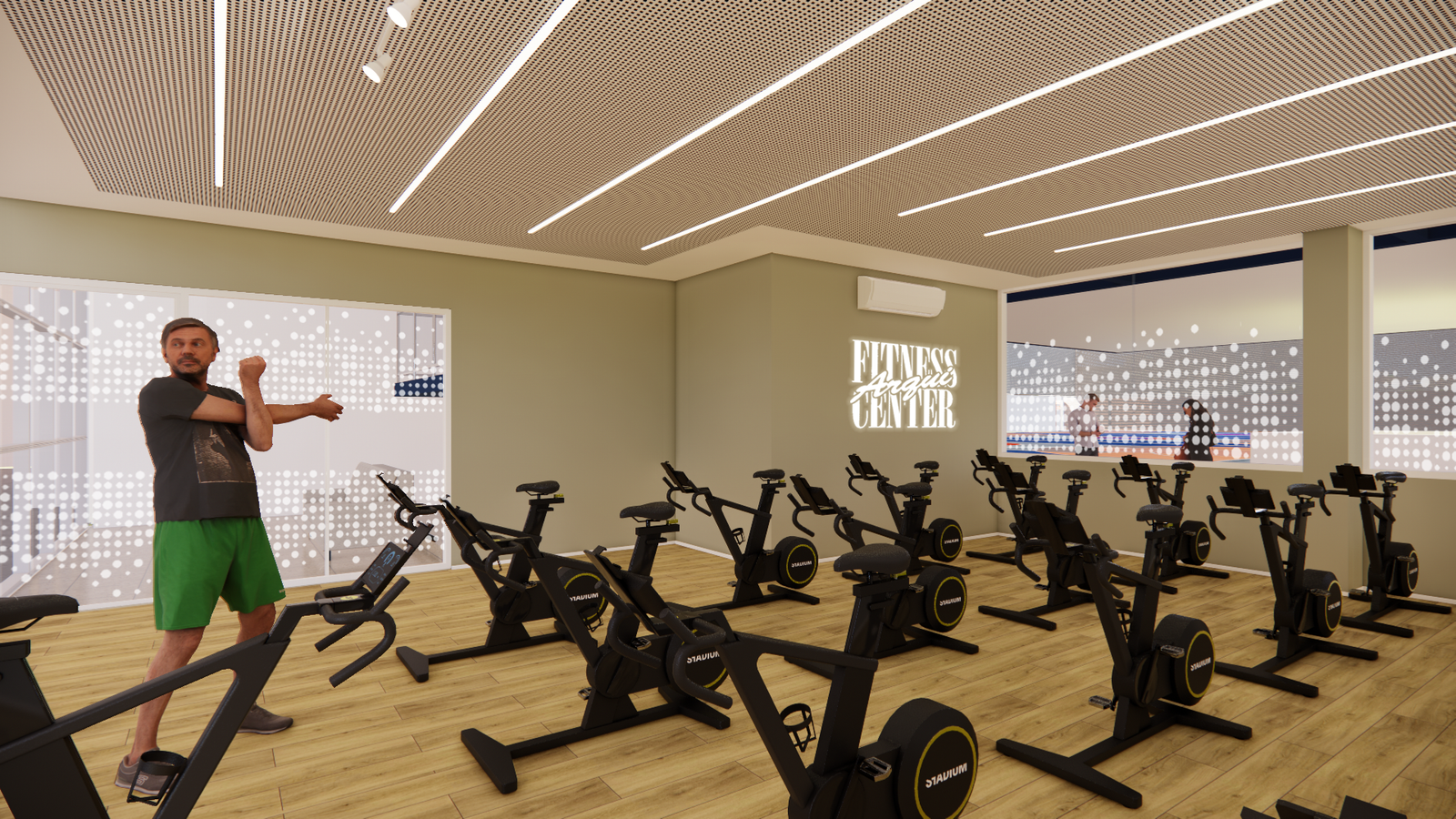 Estudo 3D da sala de spinning com letreiro neon Arqui Fitness Center e cobogó de bolinhas