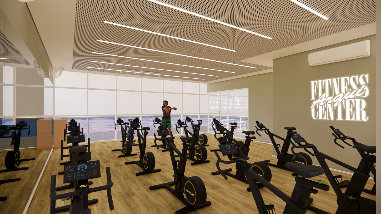 Estudo 3D da sala de spinning, com bicicletas Stadium enfileiradas, letreiro Arqui Fitness Center e fachada envidraçada
